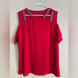 Love Scarlett Rhinestone Cold Shoulder Red Blouse